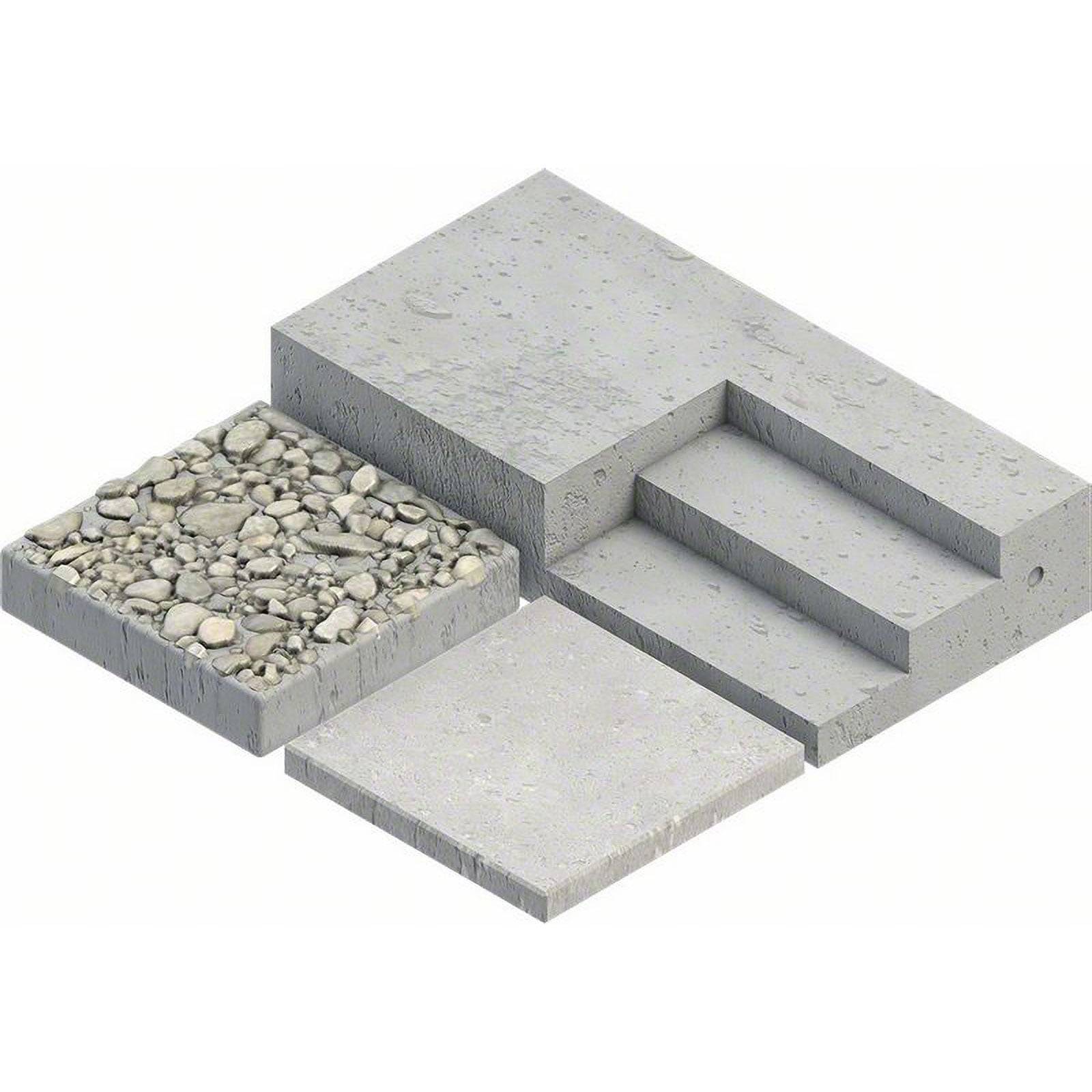 Darstellung einer Betonplatte mit Schichten: verdichtete Schotterbasis, zwei Betonschichten darüber und Treppe an der Seite.