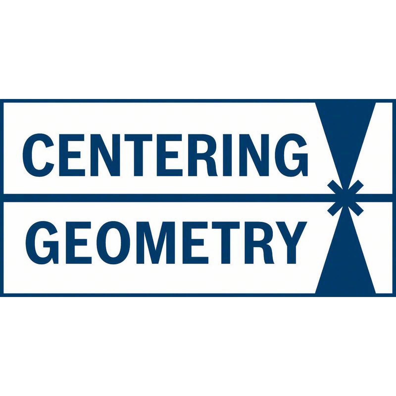 Geometrie zentrieren' in fett gedruckten blauen Buchstaben zwischen zwei blauen dreieckigen Formen, die zur Mitte zeigen.