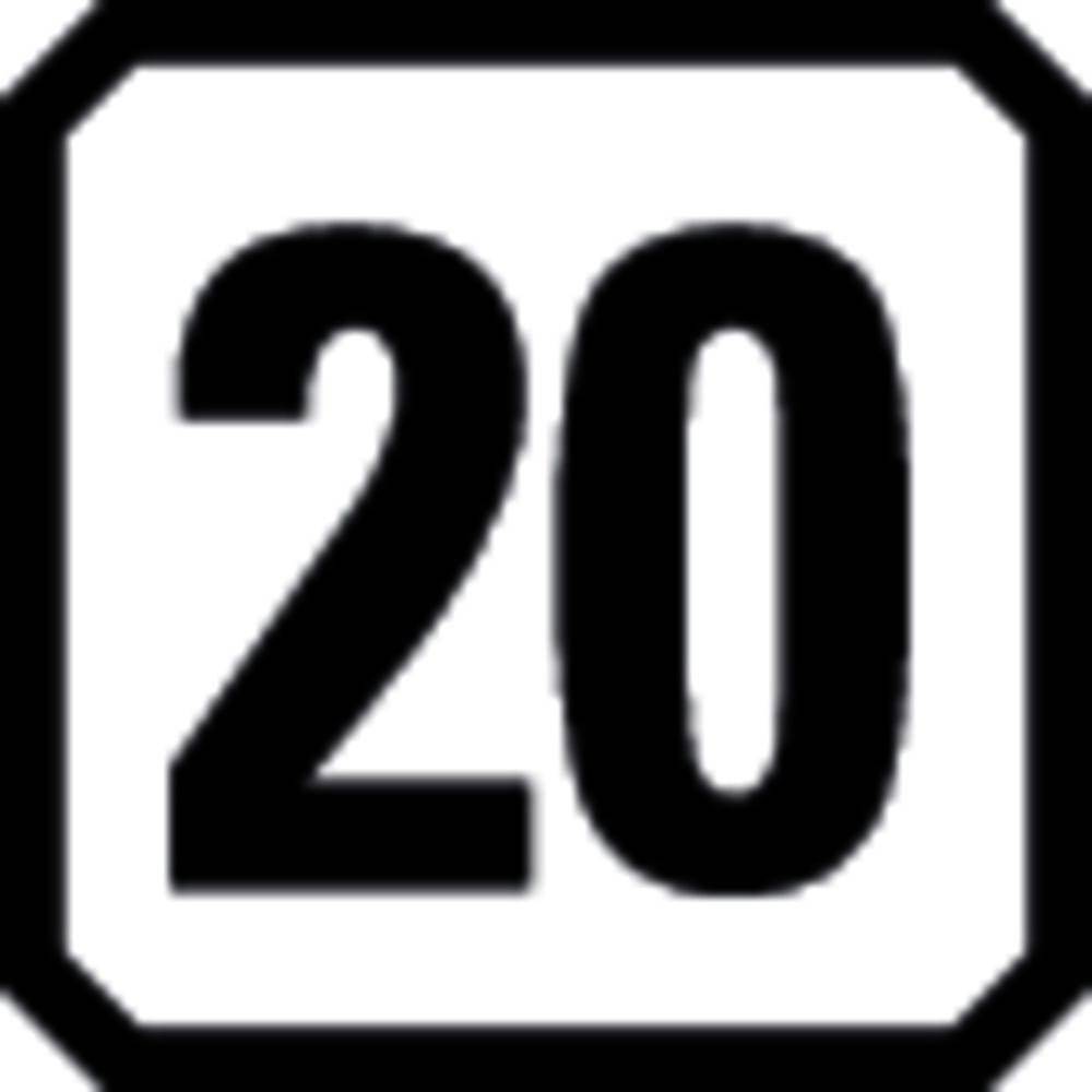 Eine fette, schwarze Nummer „20" innerhalb einer schwarzen achteckigen Umrandung auf weißem Hintergrund.