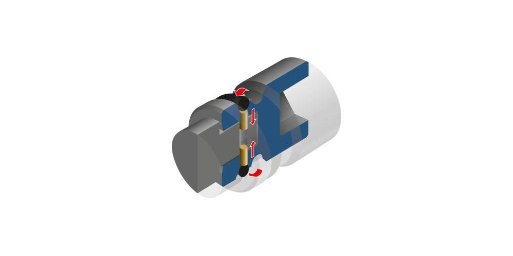 Technisches Querschnittsdiagramm einer Kolbenbaugruppe mit Dichtungen und Fluidstrompfeilen, die Druckrichtungen anzeigen.