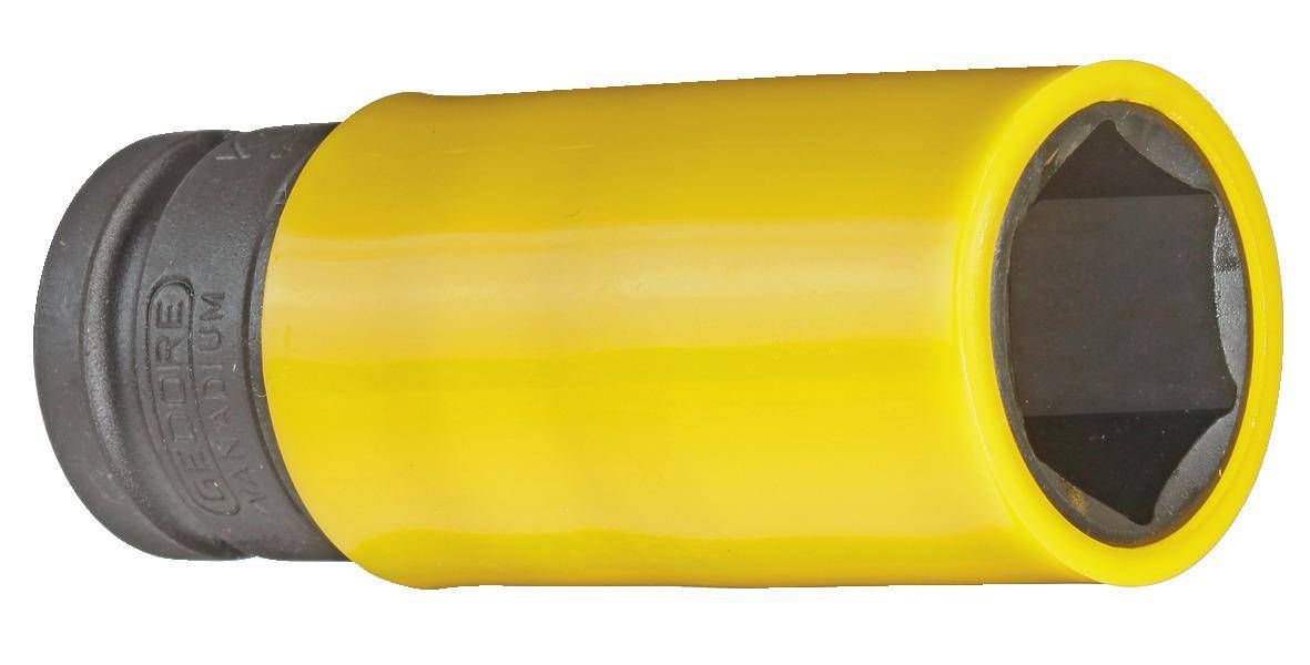 Ein Nahaufnahmefoto eines gelben Behälters, der horizontal auf einer weißen Oberfläche liegt und nur einen Teil seiner zylindrischen Form zeigt.