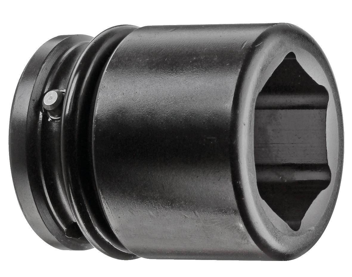 Ein schwarzer, robuster Stecknussaufsatz mit sechskantigem Gewinde und glatter, glänzender Oberfläche, bestimmt für mechanische Anwendungen.
