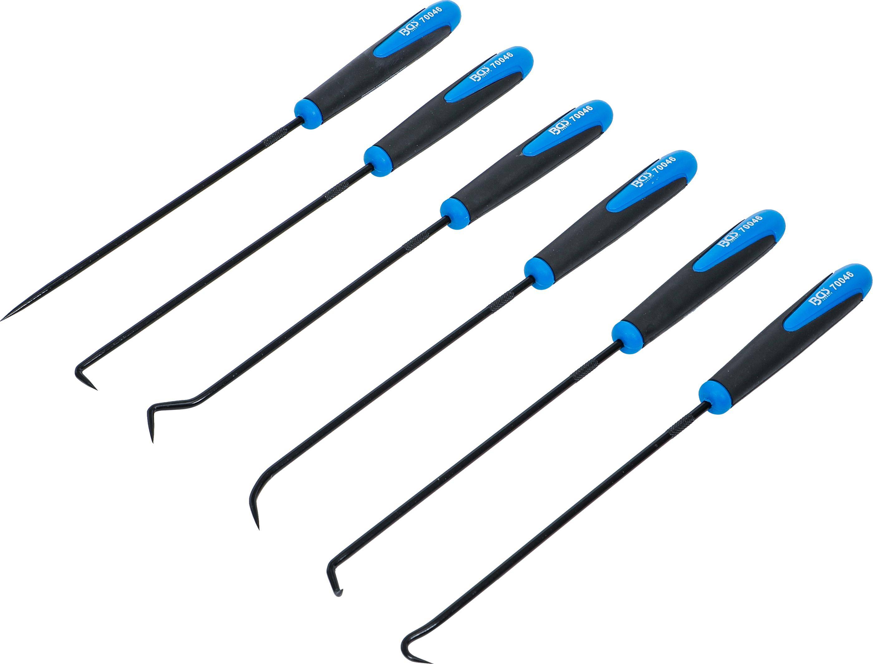 Ein Set von fünf Haken- und Pickschwerkzeugen mit blauen und schwarzen Griffen, diagonal ausgerichtet.