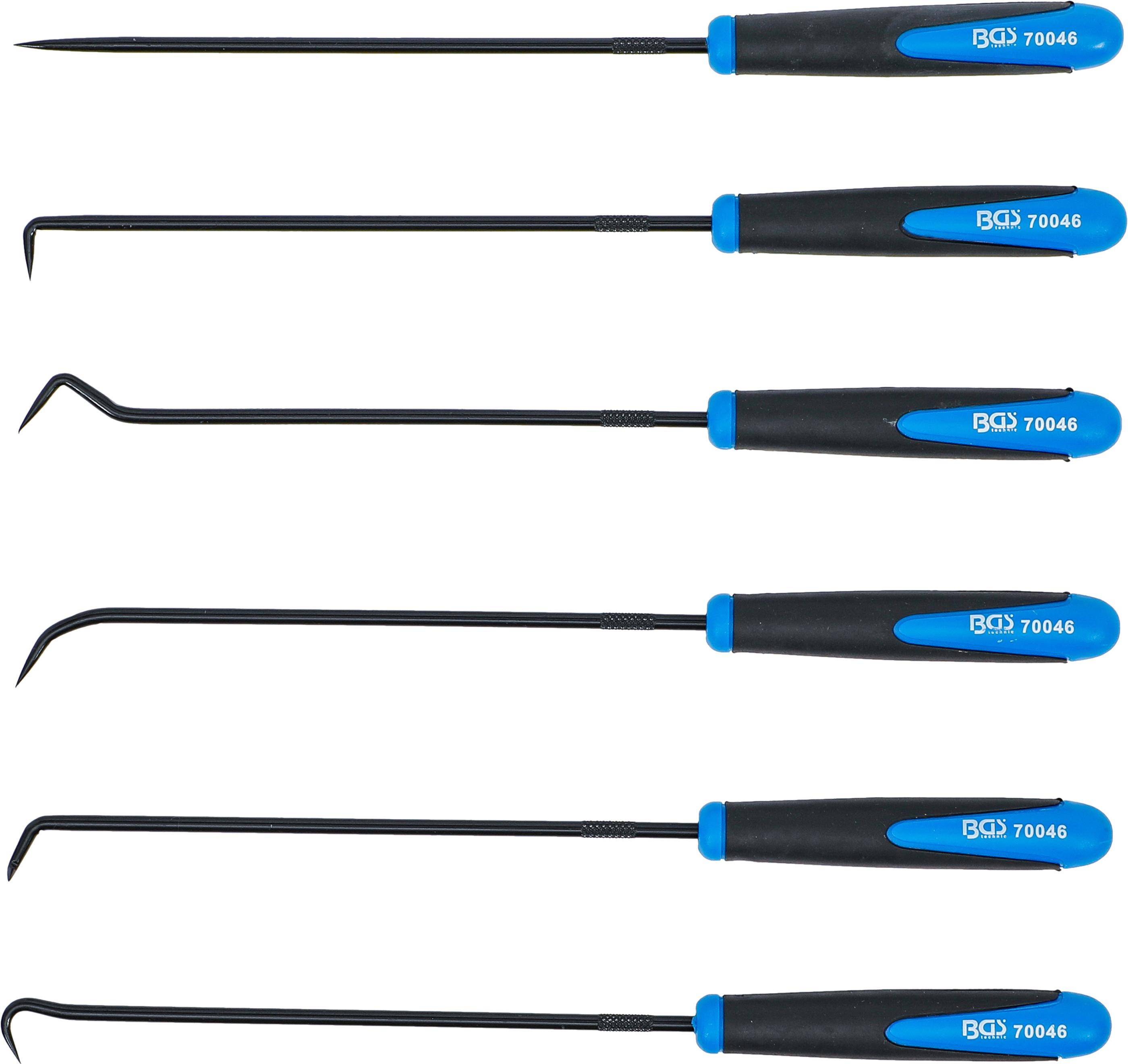 Ein Satz von vier BGS 70046 Haken- und Pickschwerkzeugen mit blauen und schwarzen Griffen, horizontal angeordnet.