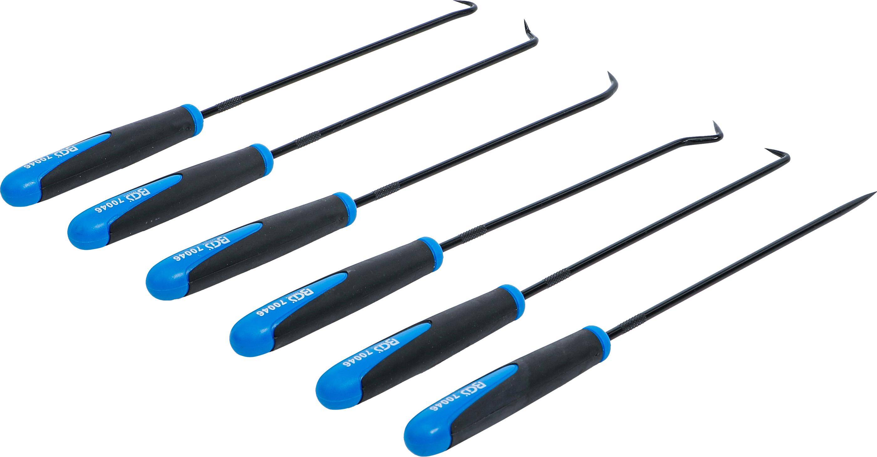 Fünf schwarze und blaue Trimwerkzeuge mit Gummigriff, die verschiedene Hakenformen aufweisen und für Automobil- oder Innenverkleidungsarbeiten entwickelt wurden.