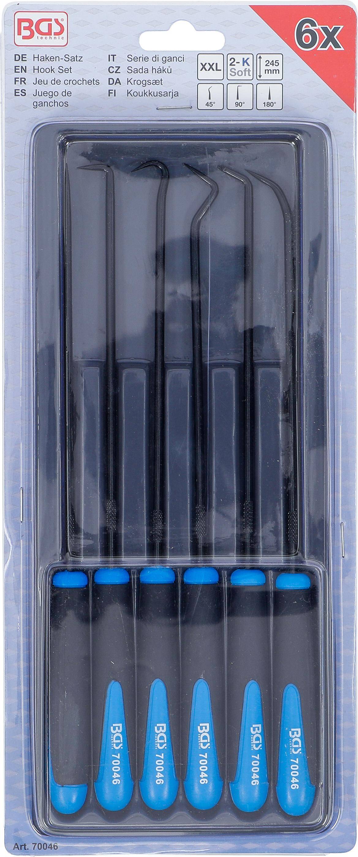 Ein Satz von sechs Schraubenziehern mit schwarzen Griffen und blauen Spitzen, verpackt in einem transparenten Kunststoffhalter.