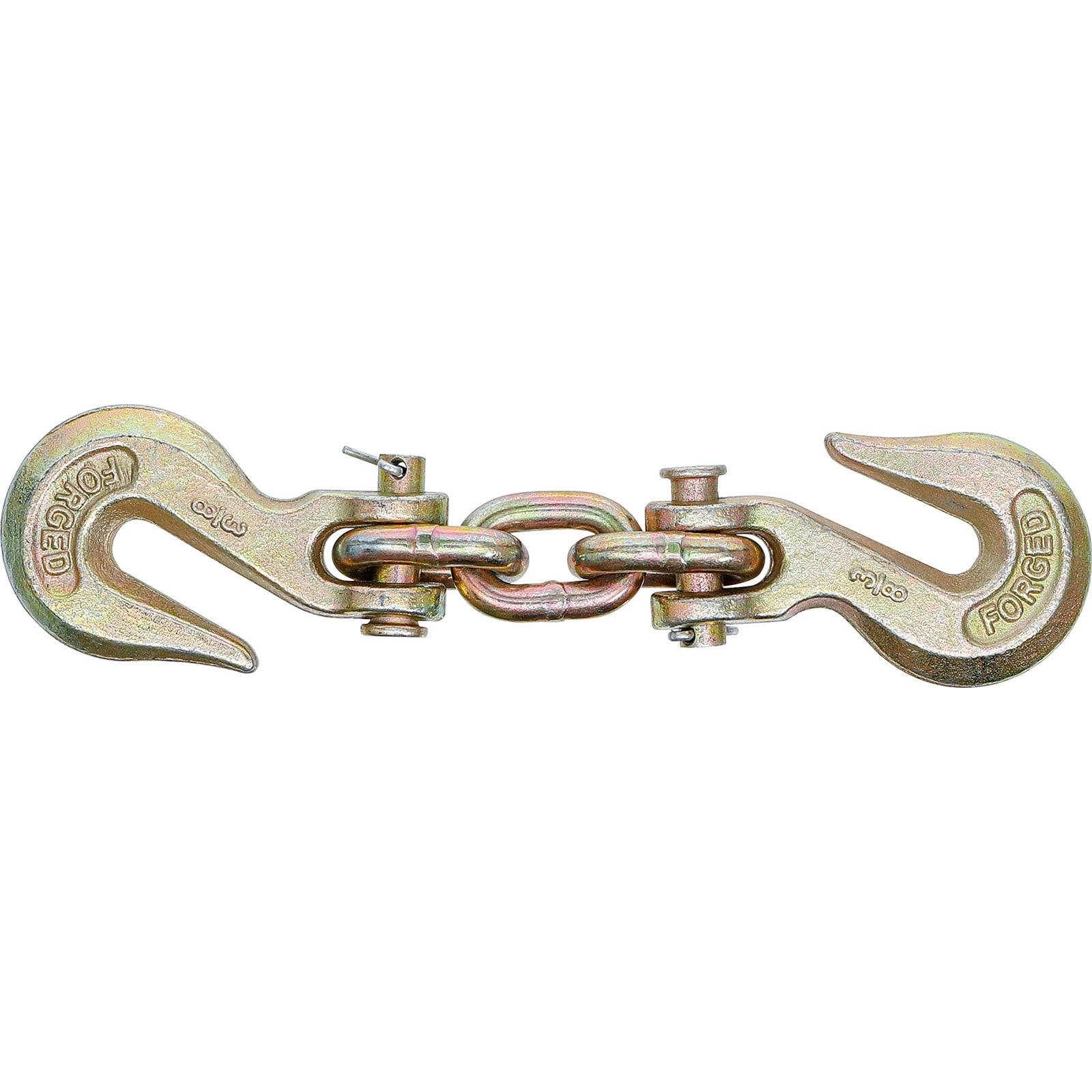 Eine Metallkette mit zwei Haken an jedem Ende, die miteinander verbunden sind und für die Sicherung schwerer Lasten konzipiert ist. Die Haken sind mit Text graviert.