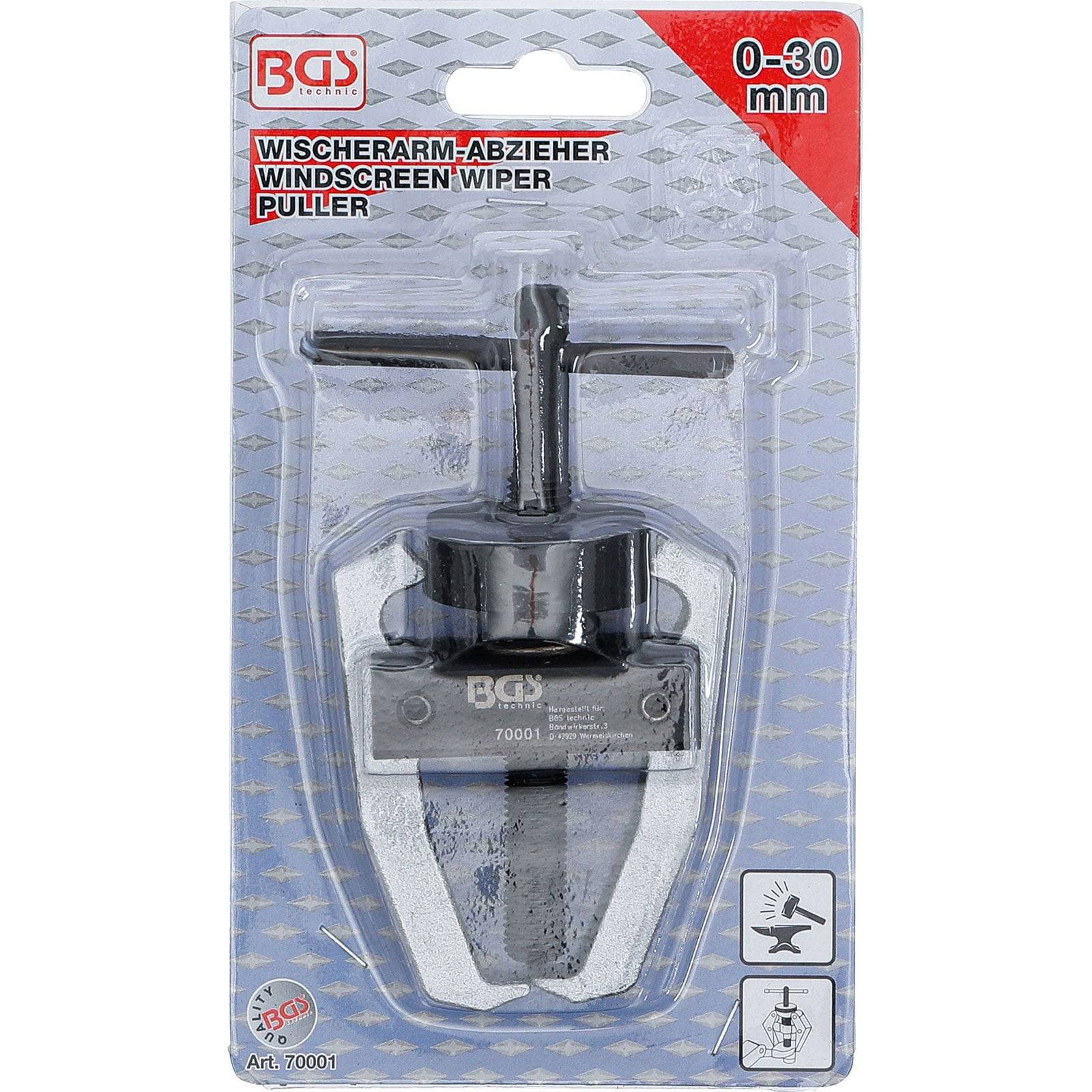 Scheibenwischer-Abzieher (0-30 mm) Werkzeug auf einer Karte verpackt. Marke wird als BGS angezeigt. Werkzeug ist metallfarbig mit einem Schraubmechanismus zum Abziehen.