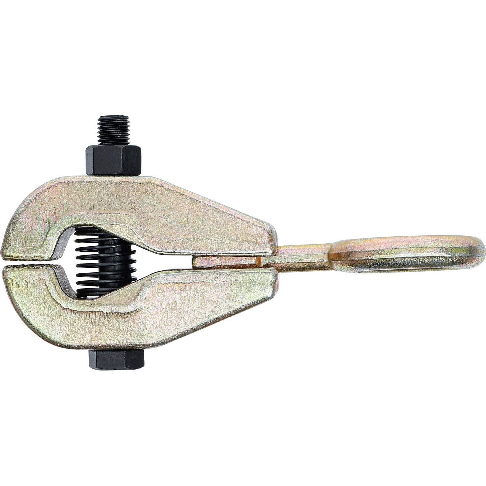 Eine Metallklemme mit einem Schraubenmechanismus und einer Schlaufengriff, die zum sicheren Greifen oder Halten von Gegenständen verwendet wird.