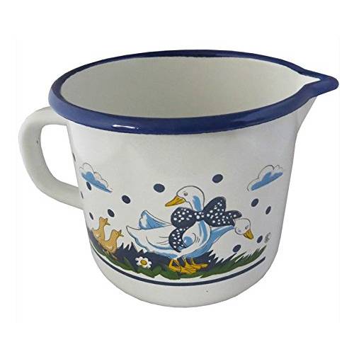 Krüger 4122 Milchtopf mit Dekor "Gänseglück" und Ausguss, Emaille, Ø 12 cm, 1,25 l, weiß/blau/gelb