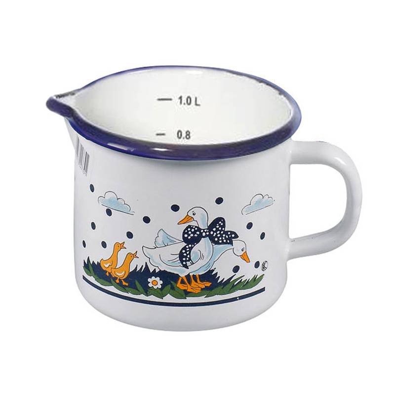 Krüger 4142 Milchtopf mit Dekor Gänseglück und Ausguss, Emaille, Ø 14 cm, 1,5 l, weiß/blau