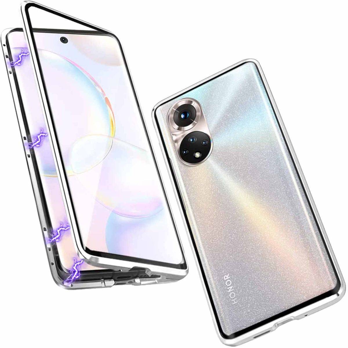 Für Honor 50 Pro Beidseitiger 360 Grad Magnet / Glas Case Hülle Handy Tasche Bumper Silber