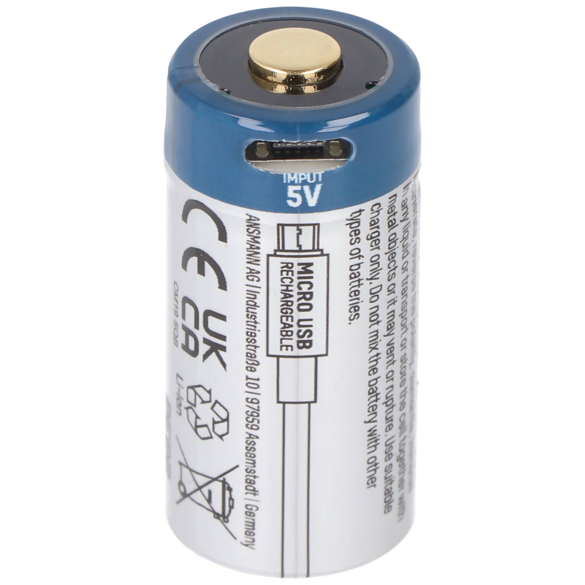 Ansmann 16340, RCR123, CR123A Li-Ion Akku mit USB-C Ladebuchse, 3,6V 850mAh min. 800mAh, mit Schutzschaltung