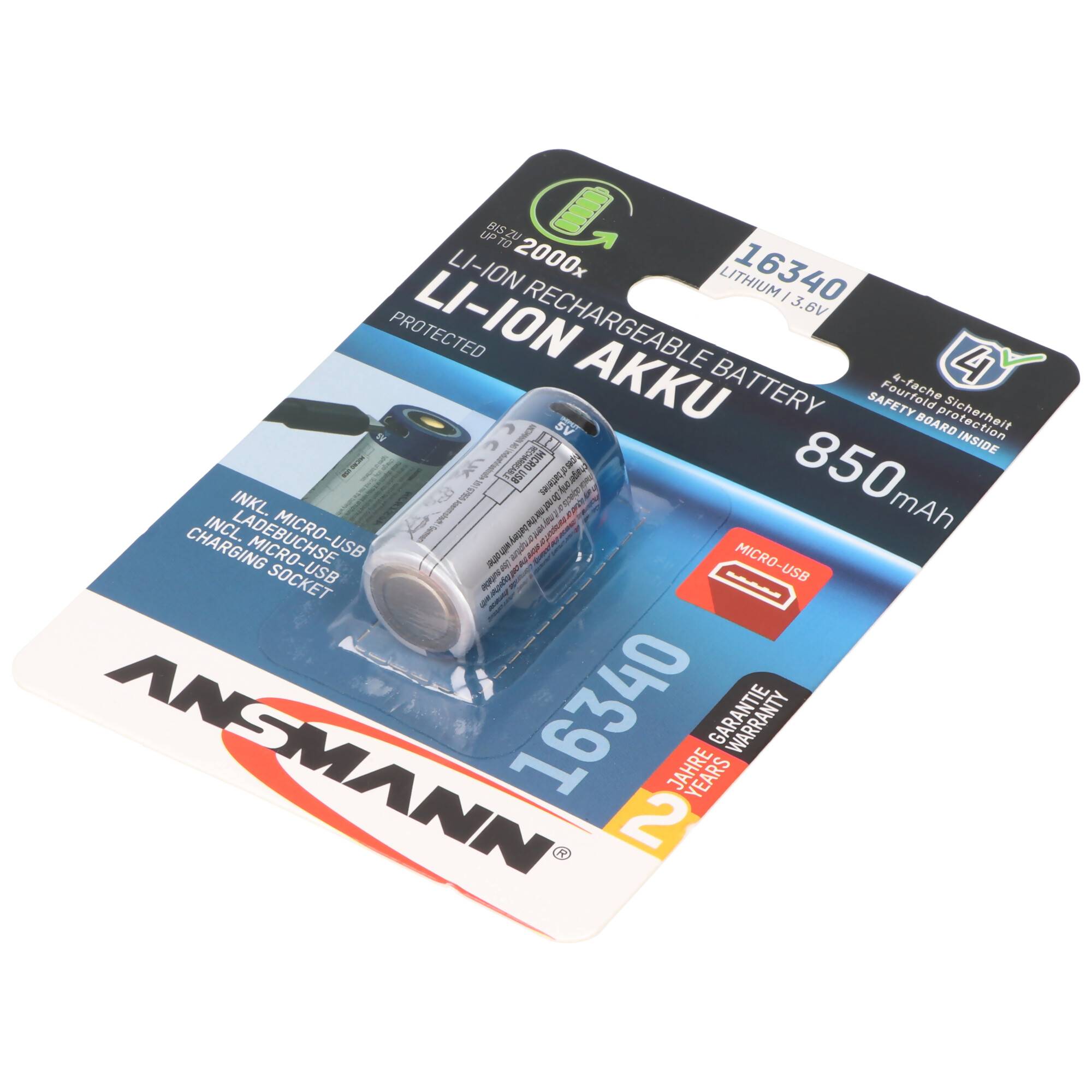 Ansmann 16340, RCR123, CR123A Li-Ion Akku mit USB-C Ladebuchse, 3,6V 850mAh min. 800mAh, mit Schutzschaltung