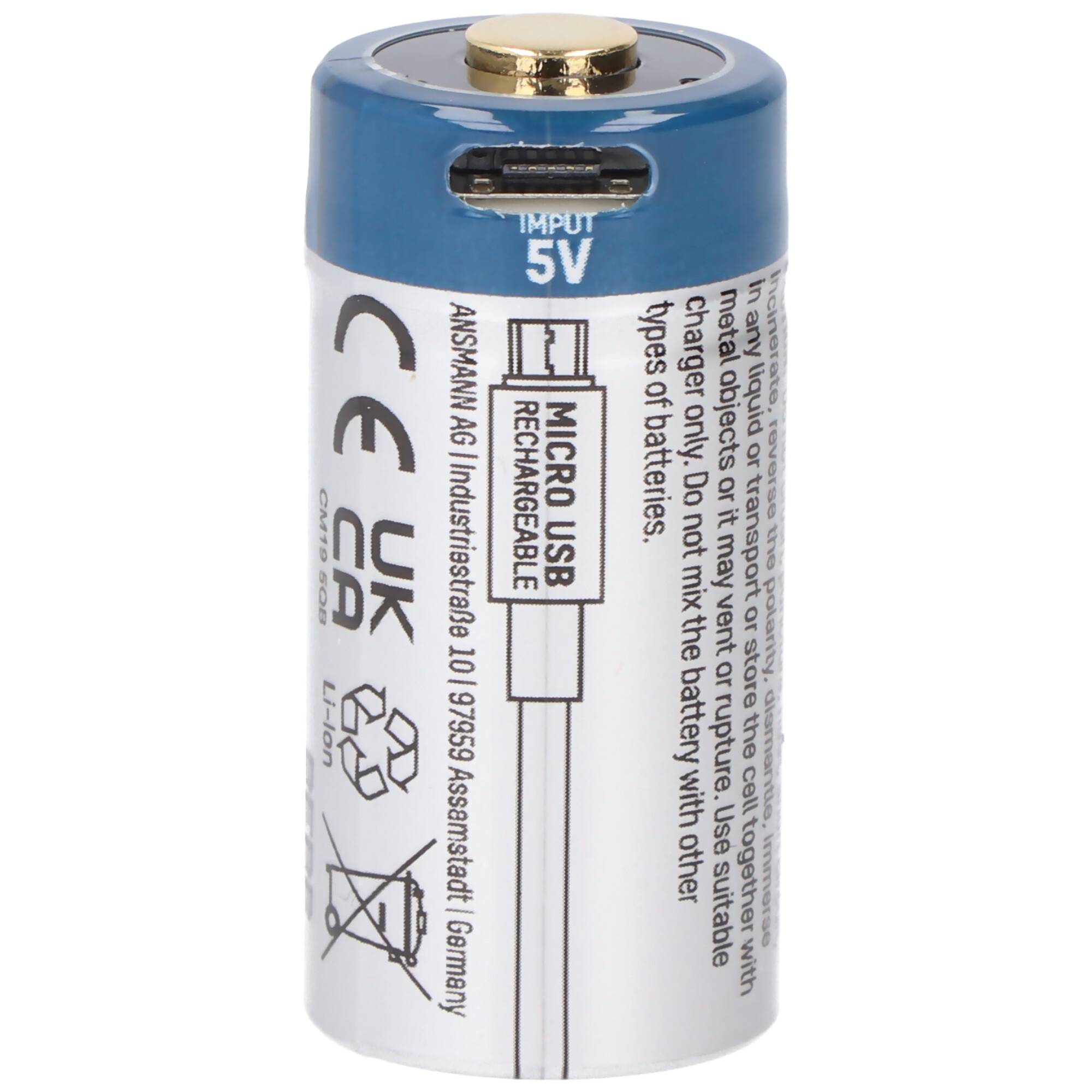 Ansmann 16340, RCR123, CR123A Li-Ion Akku mit USB-C Ladebuchse, 3,6V 850mAh min. 800mAh, mit Schutzschaltung
