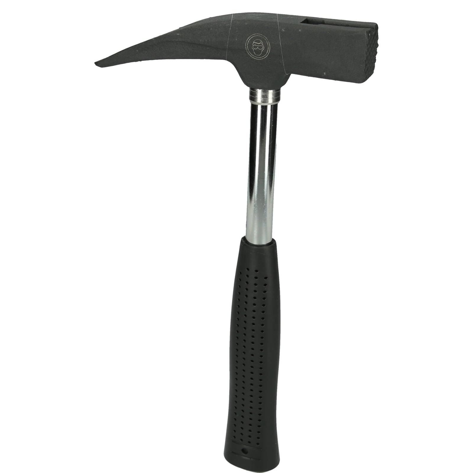 Ein schwarzer Hammer mit einem glatten, länglichen Griff und einem gekrümmten Nagel-Auszieher, geeignet für Zimmerei- oder Bauarbeiten.