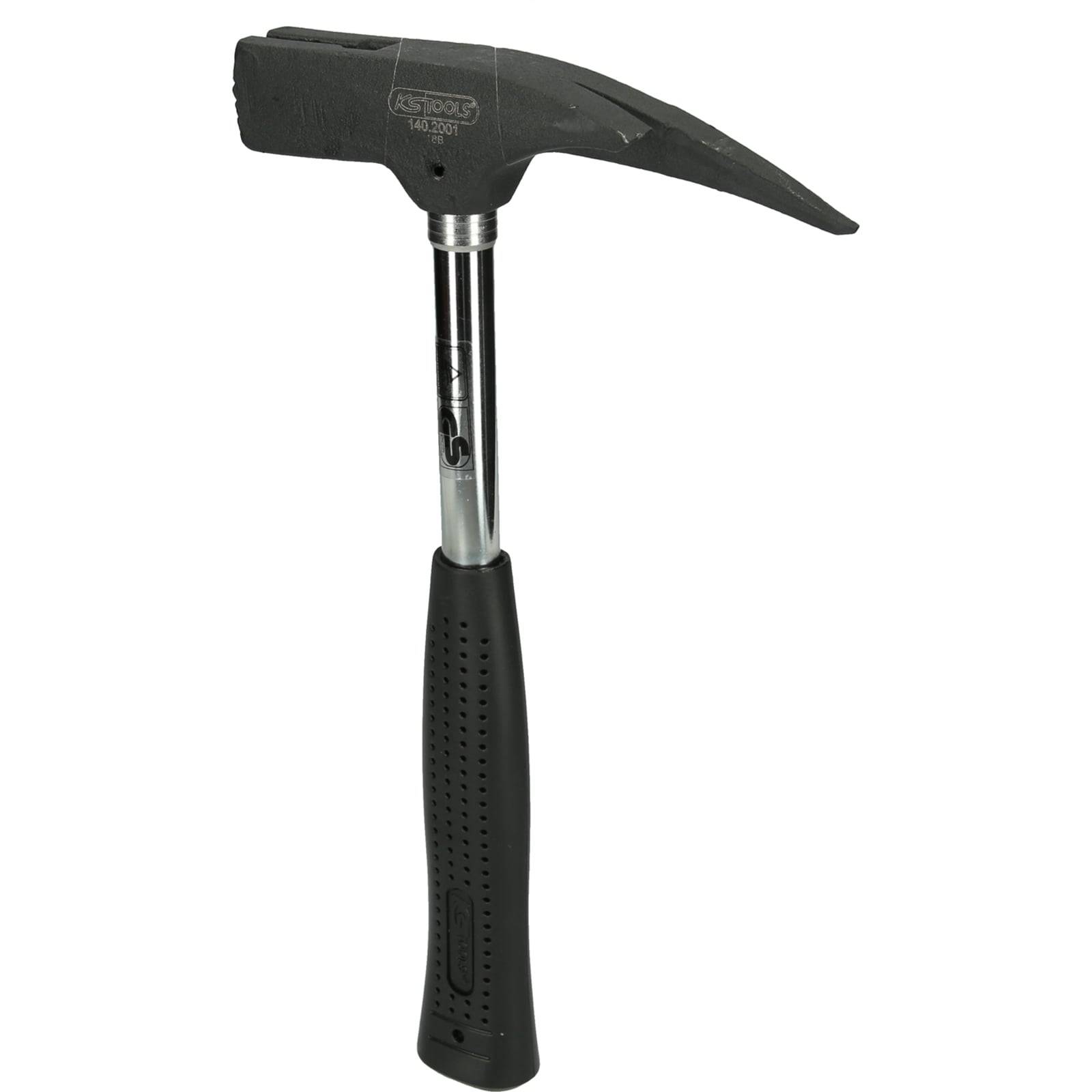 Ein schwarzer, metallener Dachdecker-Hammer mit einem gummierten Griff, ausgestattet mit einer gekrümmten Kralle zum Herausziehen von Nägeln.