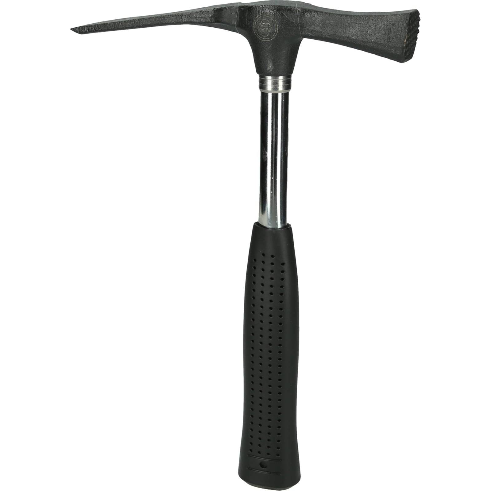 Ein schwarzgriffiger Spitzhammer mit einer spitzen Seite und einer flachen Meißelseite, der zur Ausbeultung und Metallformung in der Autoreparatur verwendet wird.
