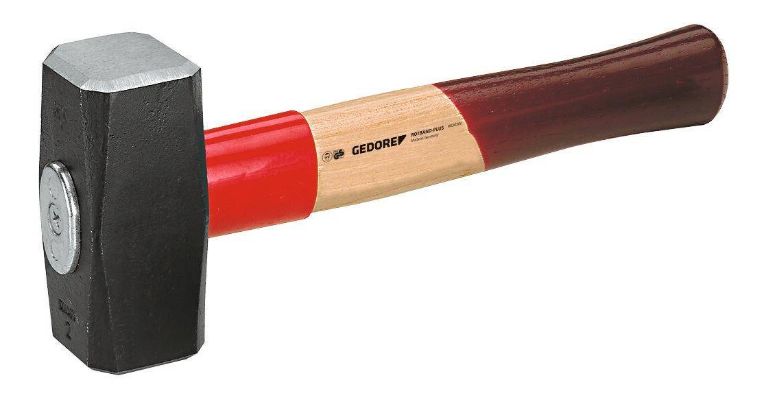 Eine Vorschlaghammer mit rotem Griff und Holzgriff. Der Kopf ist aus Metall, und die Marke „GEDORE