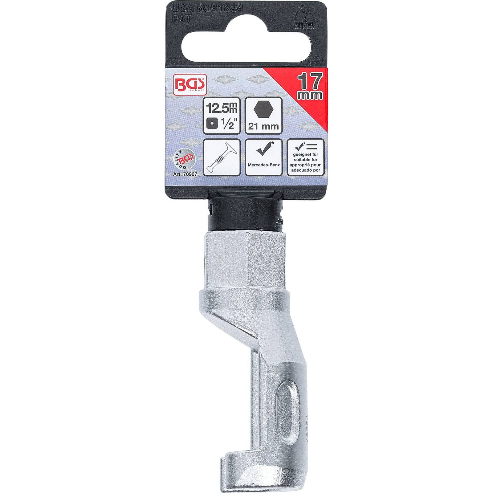 Steckschlüssel-Werkzeug mit einer Öffnung von 17 mm, 1/2 Zoll Antrieb, geeignet für bestimmte Fahrzeuge; mit Markenlogo und technischen Details auf der Verpackung.
