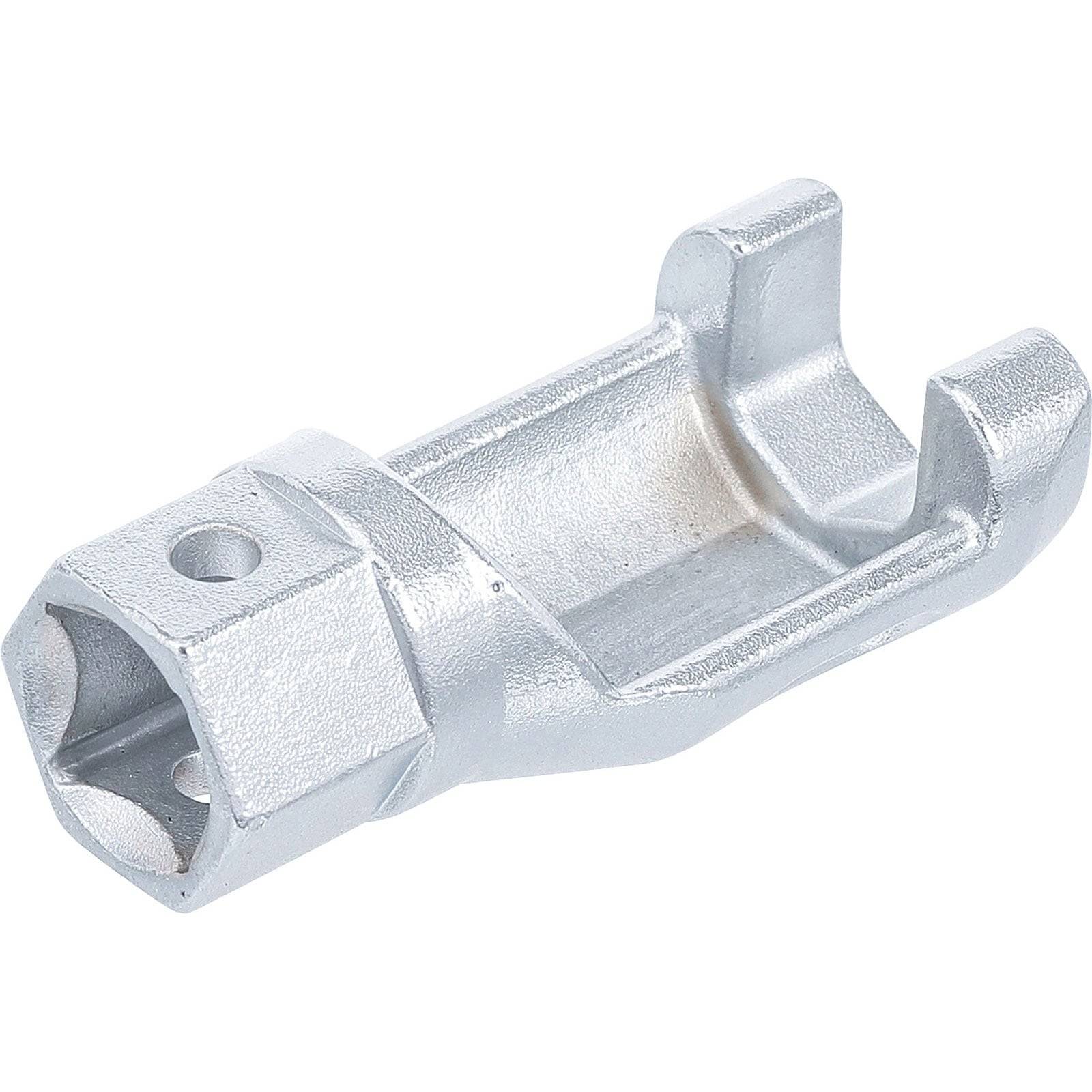 Ein glänzender, silberfarbener Metall-U-Gelenk-Socketadapter mit einer sechseckigen Basis und einer U-förmigen Öffnung, der zum Verbinden von Verlängerungen oder Werkzeugen verwendet wird.