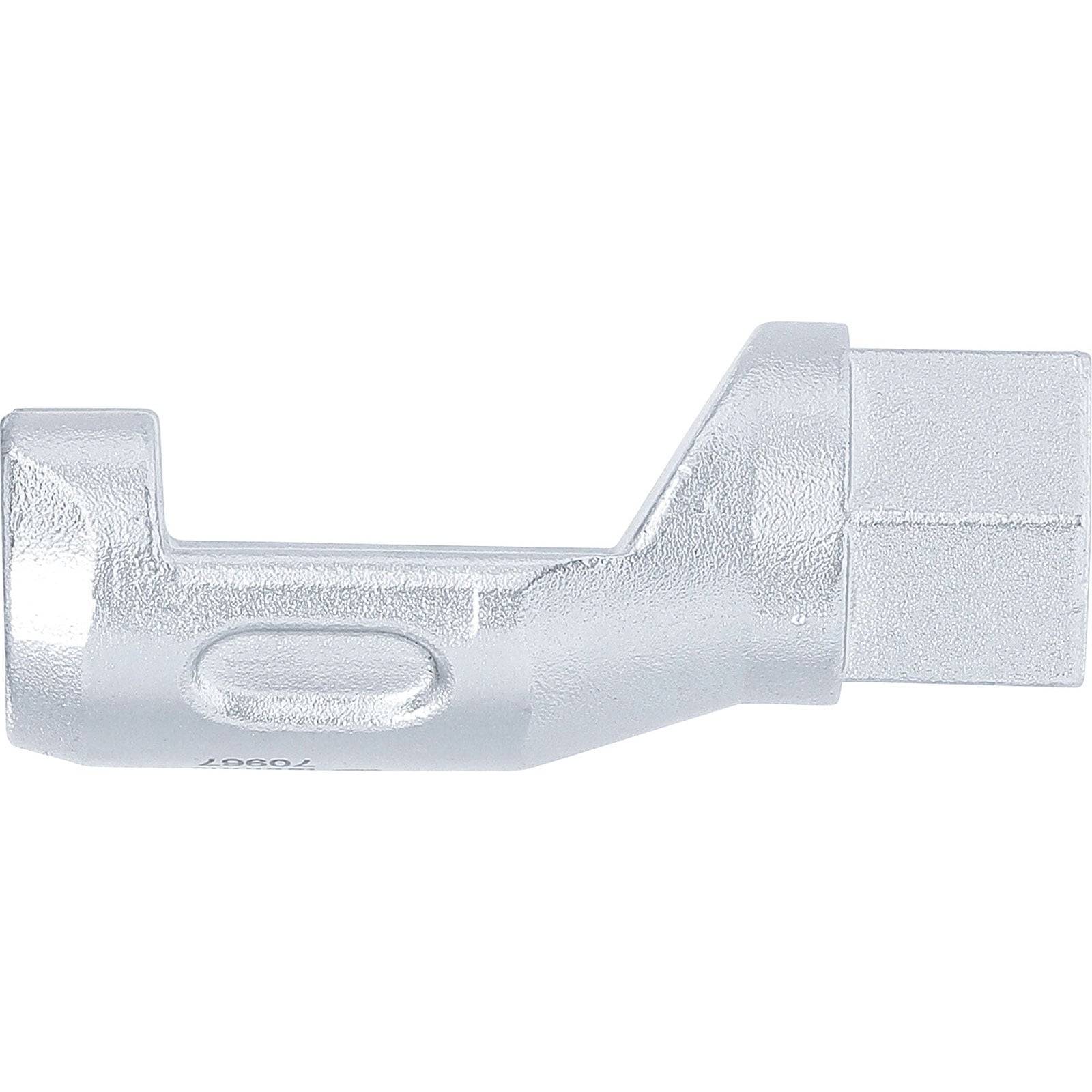 Ein silbernes, rechteckiges Objekt mit einer gerillten Textur und einem schmalen, vorspringenden Abschnitt auf der linken Seite, möglicherweise ein Werkzeug oder eine Hardwarekomponente.