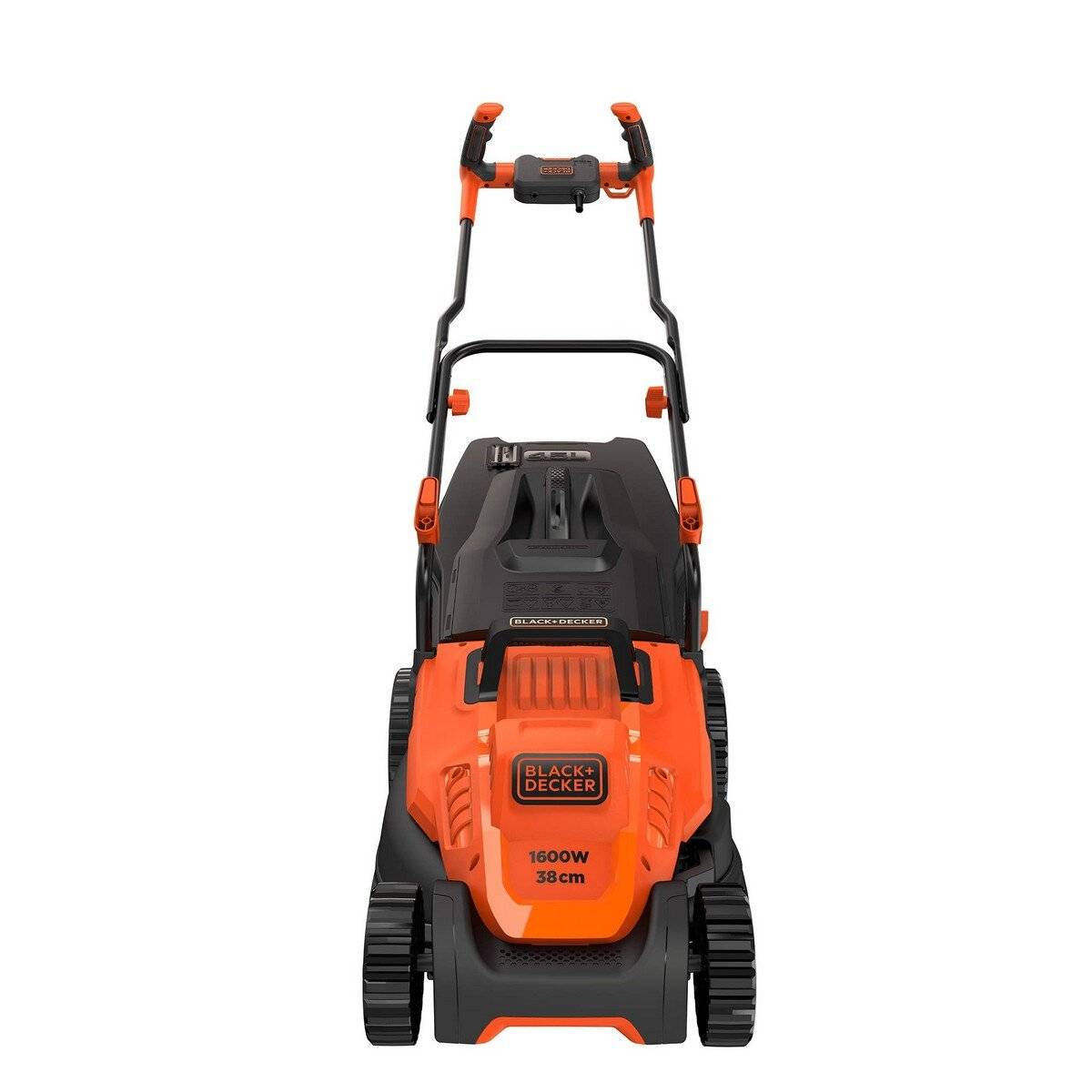 Vorderansicht eines orange-schwarzen Black+Decker-Elektrorasenmäher mit Griff, Rädern und Etikett „1600W 38cm