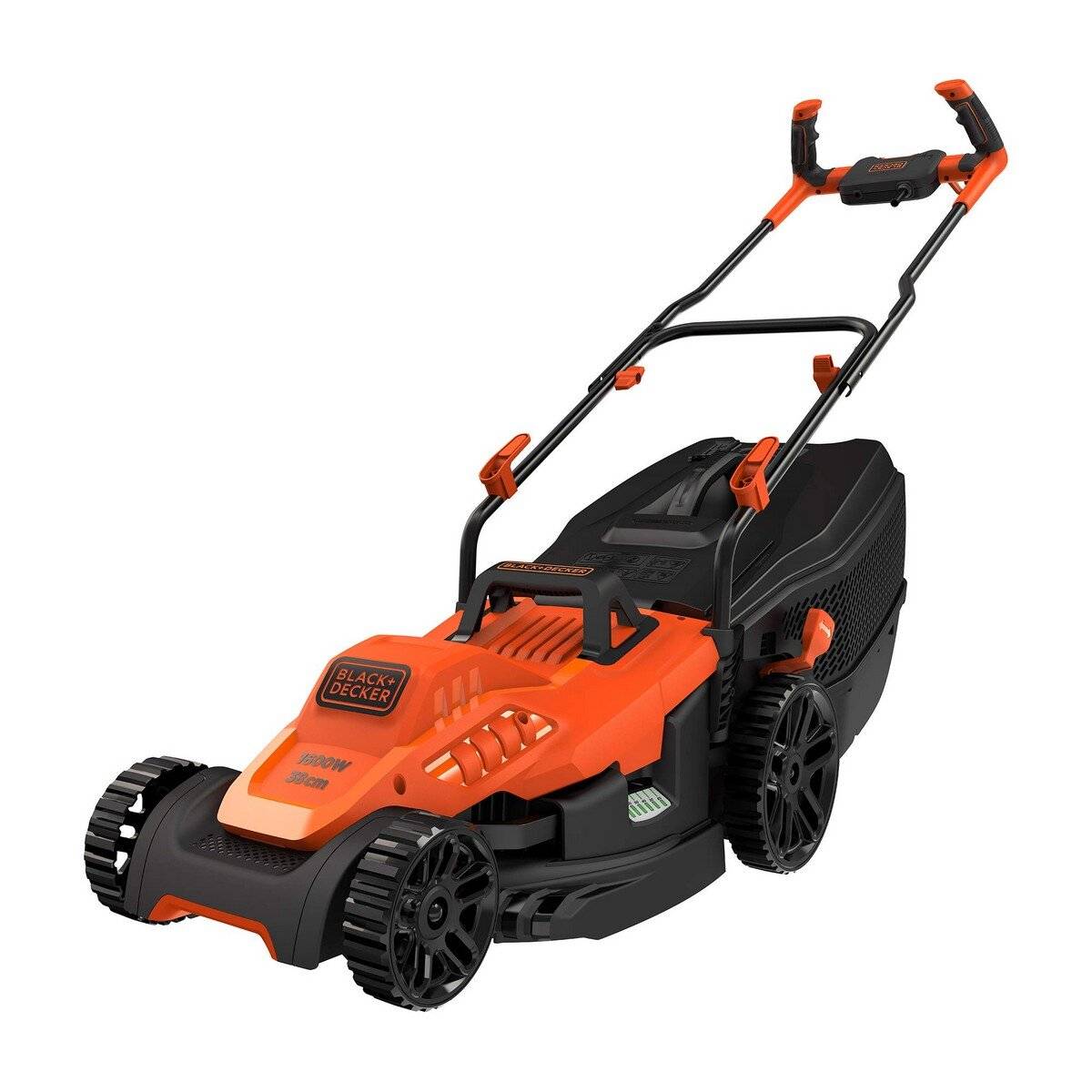 Schwarzer und orangefarbener BLACK+DECKER Elektrorasenmäher mit Schubgriff und großen Rädern auf weißem Hintergrund.