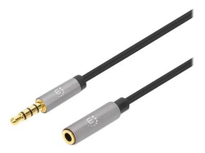 Manhattan Stereo Audio 3.5mm Extension Cable, 1m, Male/Female, Slim Design, Black/Silver, Premium with 24 karat gold pla