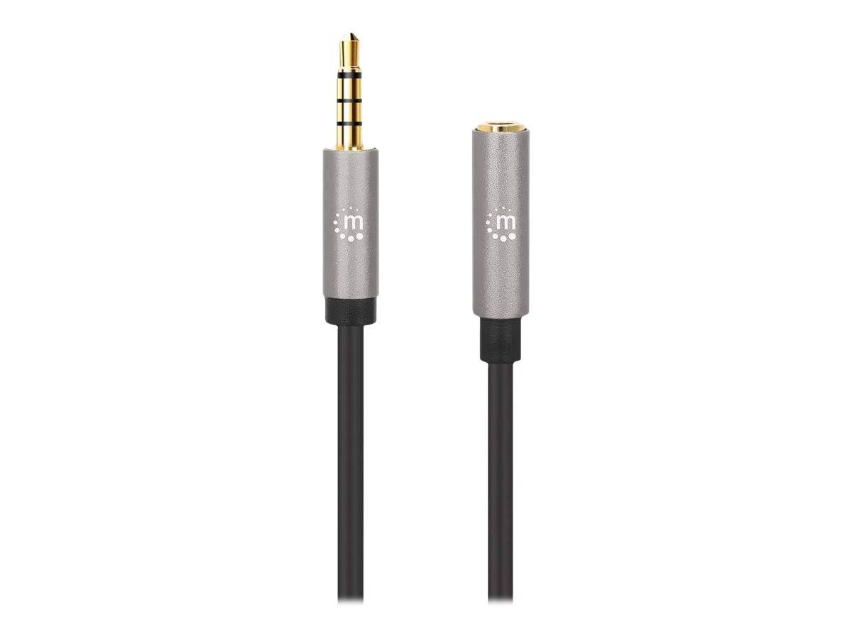 Manhattan Stereo Audio 3.5mm Extension Cable, 1m, Male/Female, Slim Design, Black/Silver, Premium with 24 karat gold pla