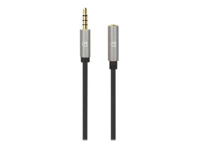 Manhattan Stereo Audio 3.5mm Extension Cable, 1m, Male/Female, Slim Design, Black/Silver, Premium with 24 karat gold pla