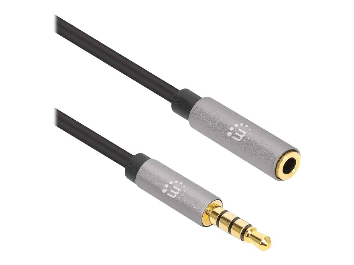 Manhattan Stereo Audio 3.5mm Extension Cable, 1m, Male/Female, Slim Design, Black/Silver, Premium with 24 karat gold pla
