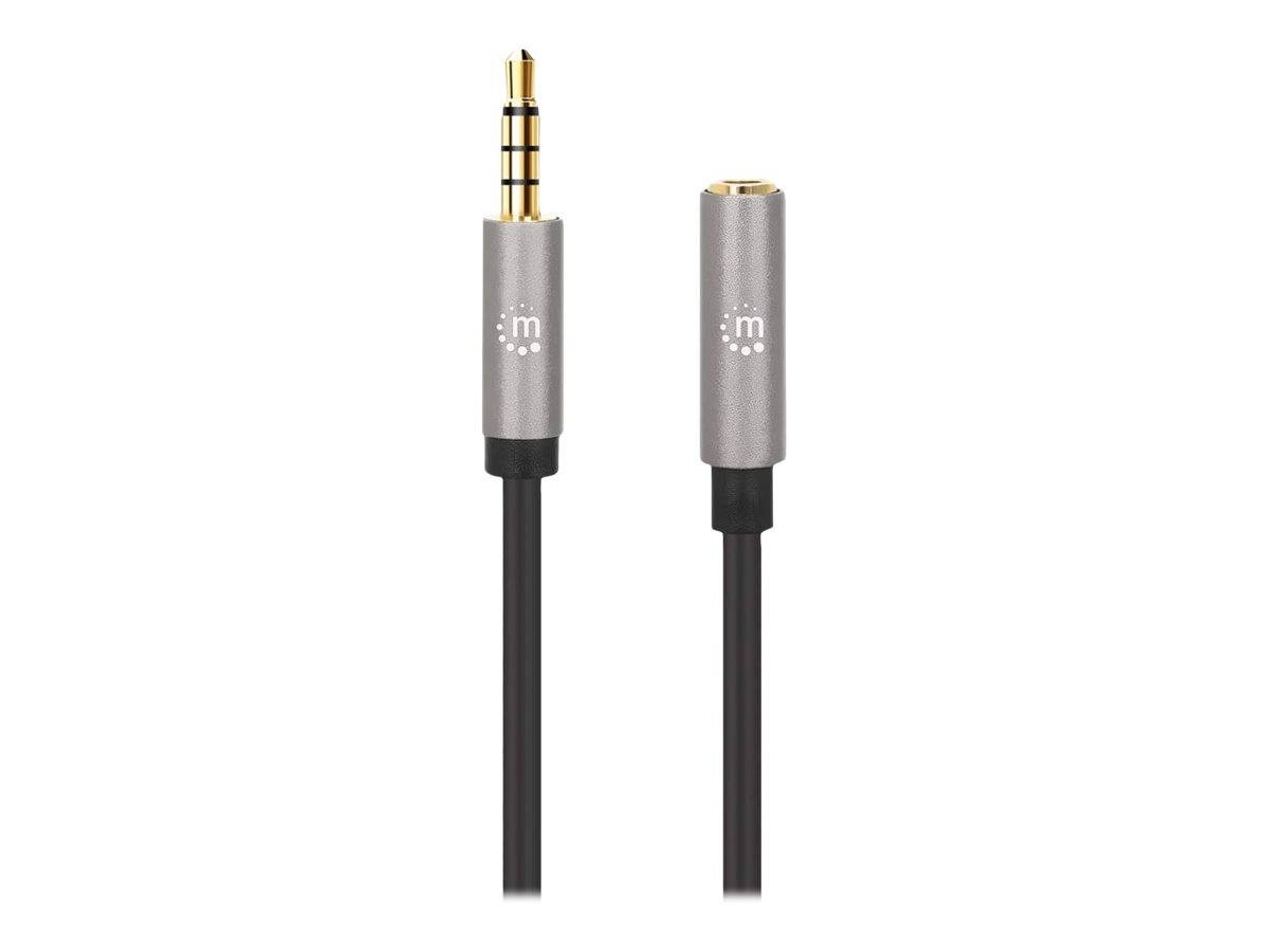 Manhattan Stereo Audio 3.5mm Extension Cable, 2m, Male/Female, Slim Design, Black/Silver, Premium with 24 karat gold pla