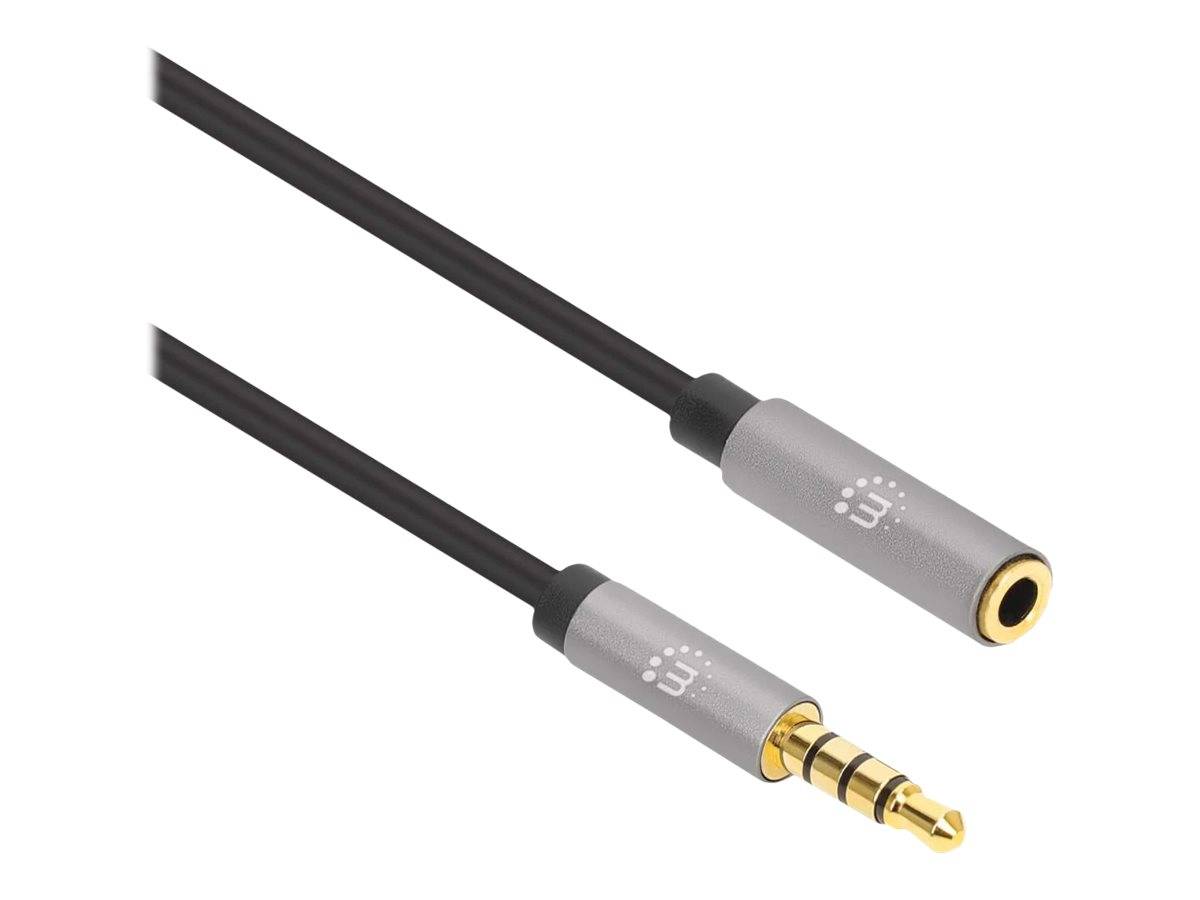 Manhattan Stereo Audio 3.5mm Extension Cable, 2m, Male/Female, Slim Design, Black/Silver, Premium with 24 karat gold pla