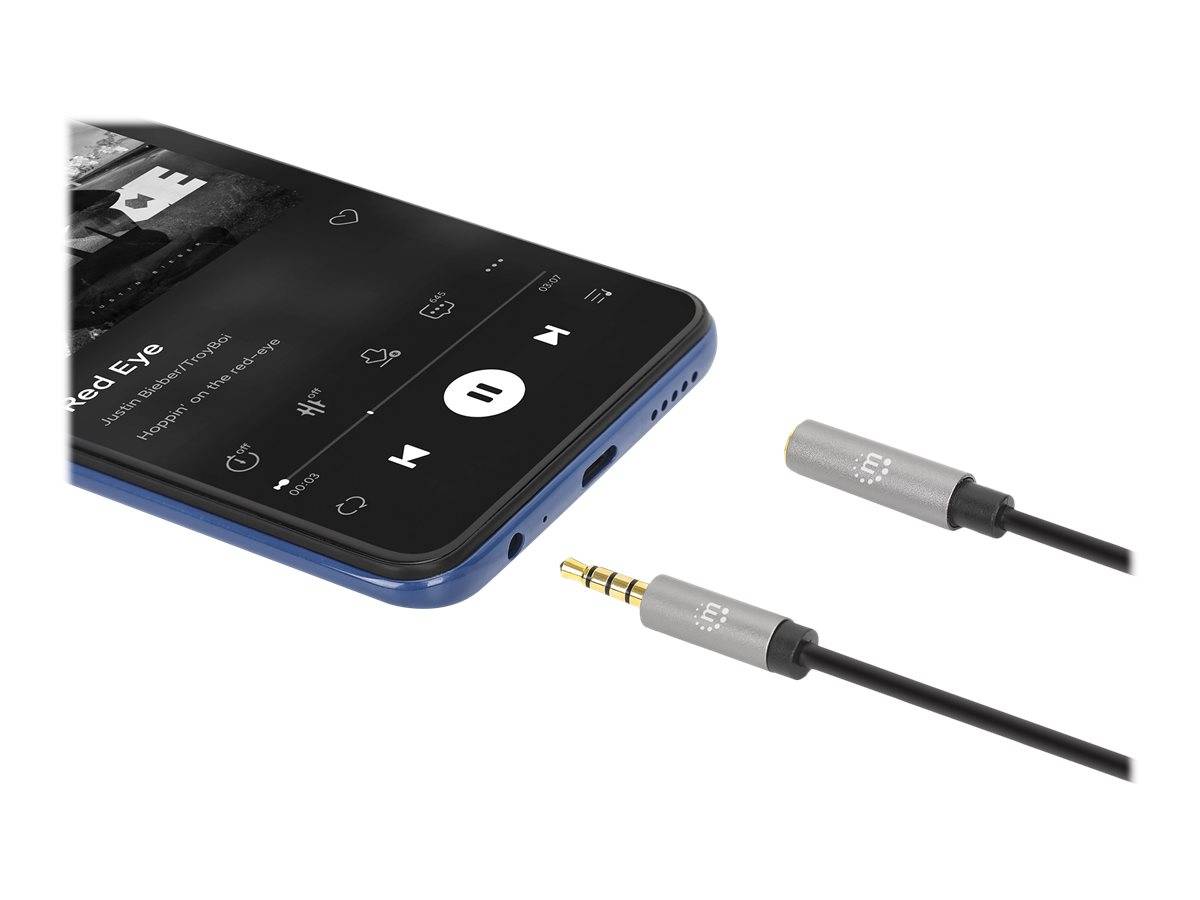 Manhattan Stereo Audio 3.5mm Extension Cable, 3m, Male/Female, Slim Design, Black/Silver, Premium with 24 karat gold pla