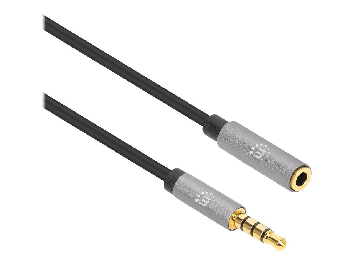 Manhattan Stereo Audio 3.5mm Extension Cable, 3m, Male/Female, Slim Design, Black/Silver, Premium with 24 karat gold pla