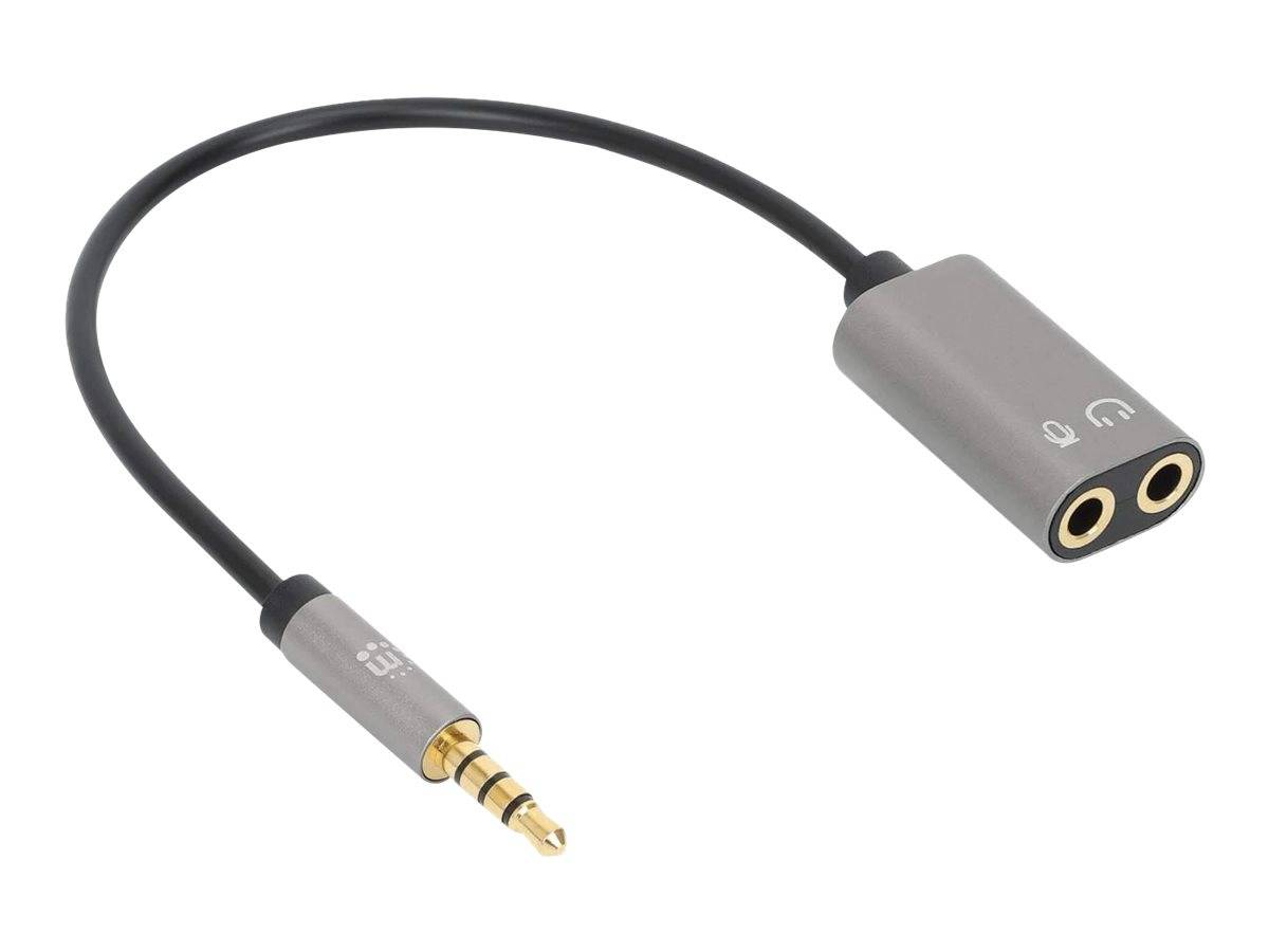 Manhattan Headset Adapter Cable with Stereo Audio Y-Splitter, 3.5mm, Aux, 20cm, Male/2x Female, Splits Single 3.5 mm Jac