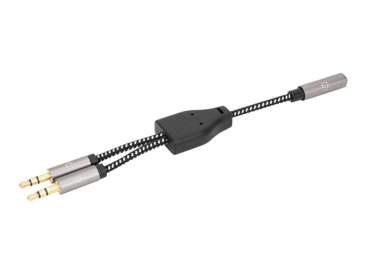 Manhattan Headset Adapter Cable with Stereo Audio Y-Splitter, 3.5mm, Aux, 15cm, Female/2x Male, Splits Single Headset Pl