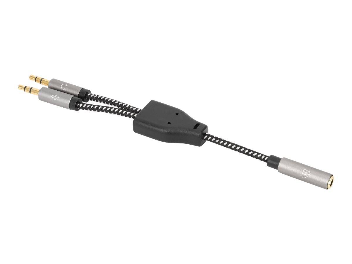 Manhattan Headset Adapter Cable with Stereo Audio Y-Splitter, 3.5mm, Aux, 15cm, Female/2x Male, Splits Single Headset Pl