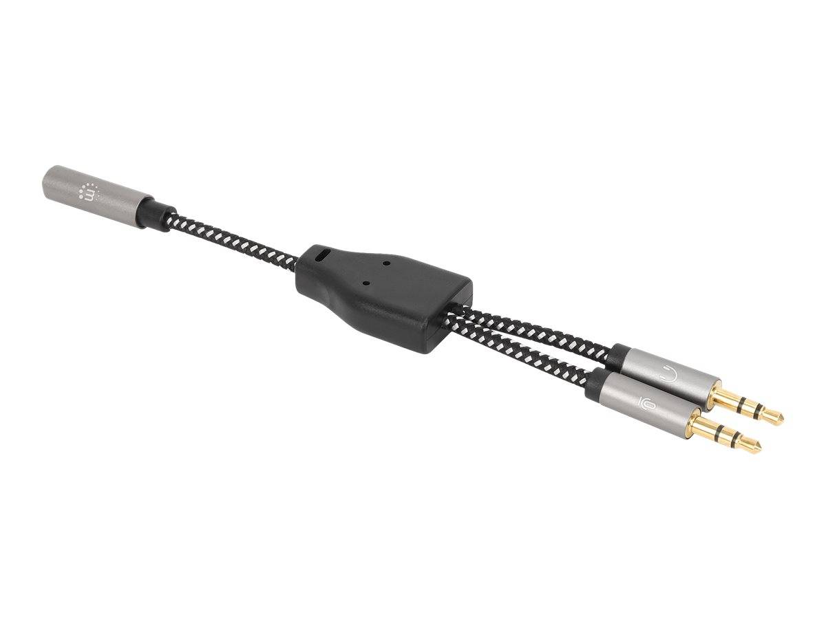 Manhattan Headset Adapter Cable with Stereo Audio Y-Splitter, 3.5mm, Aux, 15cm, Female/2x Male, Splits Single Headset Pl