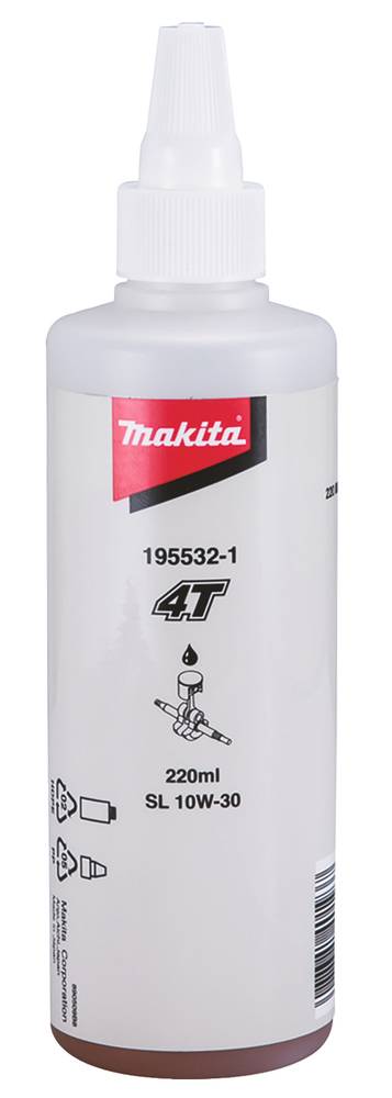 Eine Flasche Makita 4-Takt-Motoröl, gekennzeichnet mit 220ml SL 10W-30, Produktnummer 195532-1.