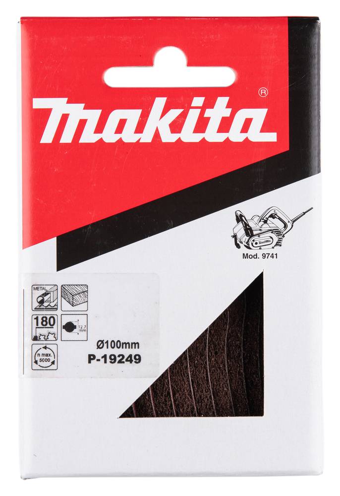 Makita Produktkarton für ein 100mm P-9249 Zubehör, mit rot, weiß und schwarzer Verpackung und einer kleinen Werkzeugabbildung.