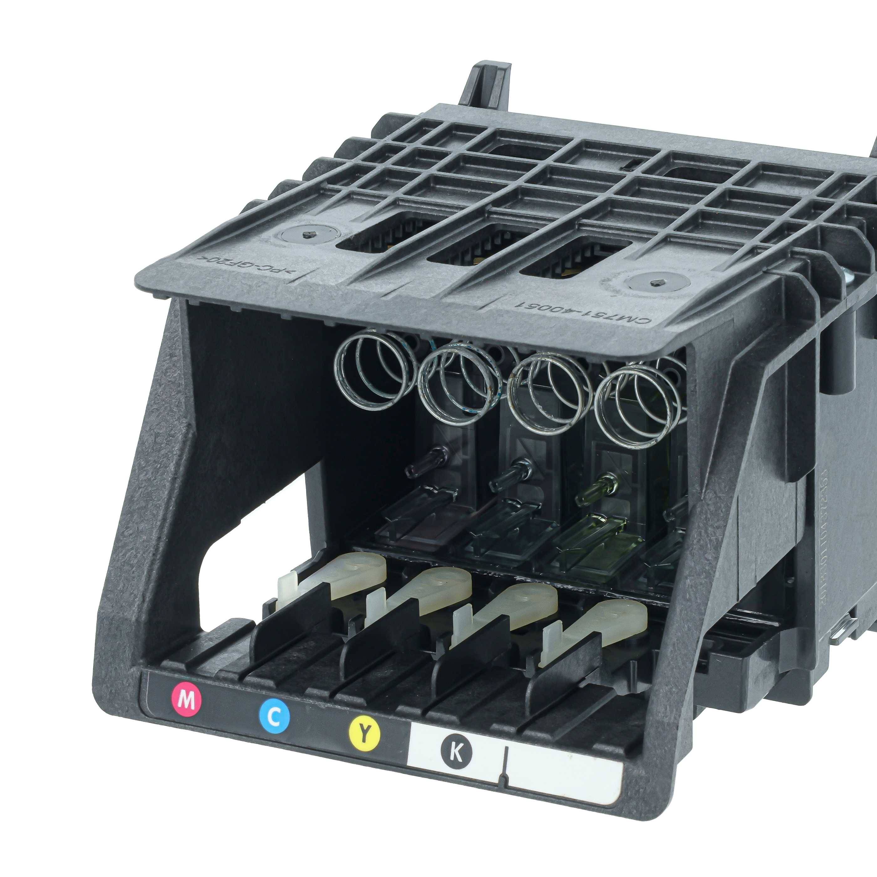 Offener Druckerpatronen-Halter mit Slots mit den Beschriftungen M, C, Y und K zum Einsetzen farbiger Patronen.