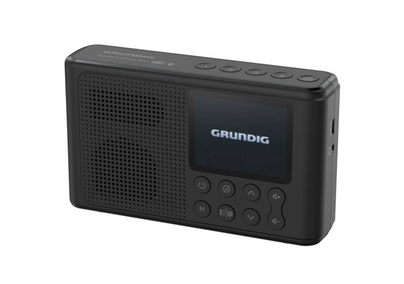 Ein schwarzes tragbares Grundig-Radio mit einem kleinen Display und Bedienungstasten an der Seite, konzipiert für digitale Abstimmung und einfache Bedienung.