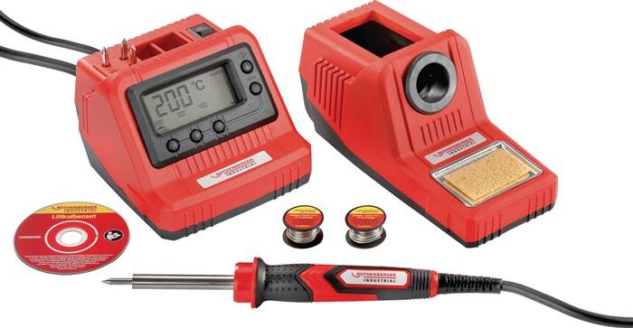 Eine rote Lötstation mit einer digitalen Anzeige, die '200°C' zeigt, ein Lötkolben, zwei Lötdrahtspulen und einen Schwammhalter.