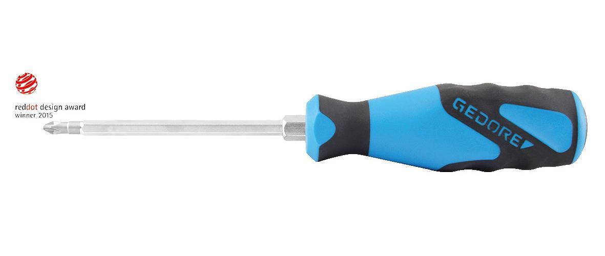 Ein Schraubendreher mit blauem Griff und sechskantigem Schaft, horizontal dargestellt, teilweise sichtbar vom Griff bis zur Schaftmitte.