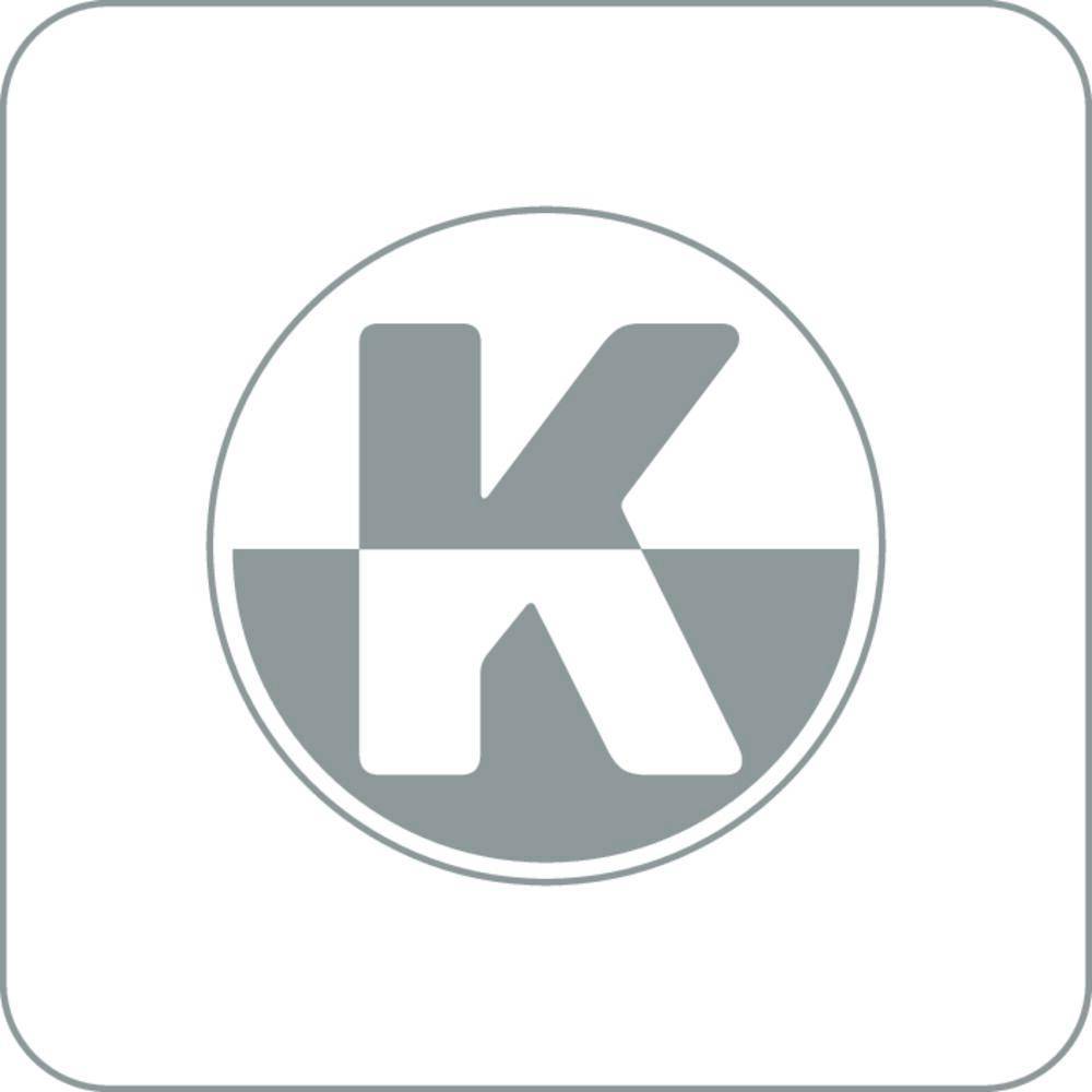 Ein stilisiertes 'K'-Logo in Weiß und Grau, zentriert innerhalb eines Kreises.