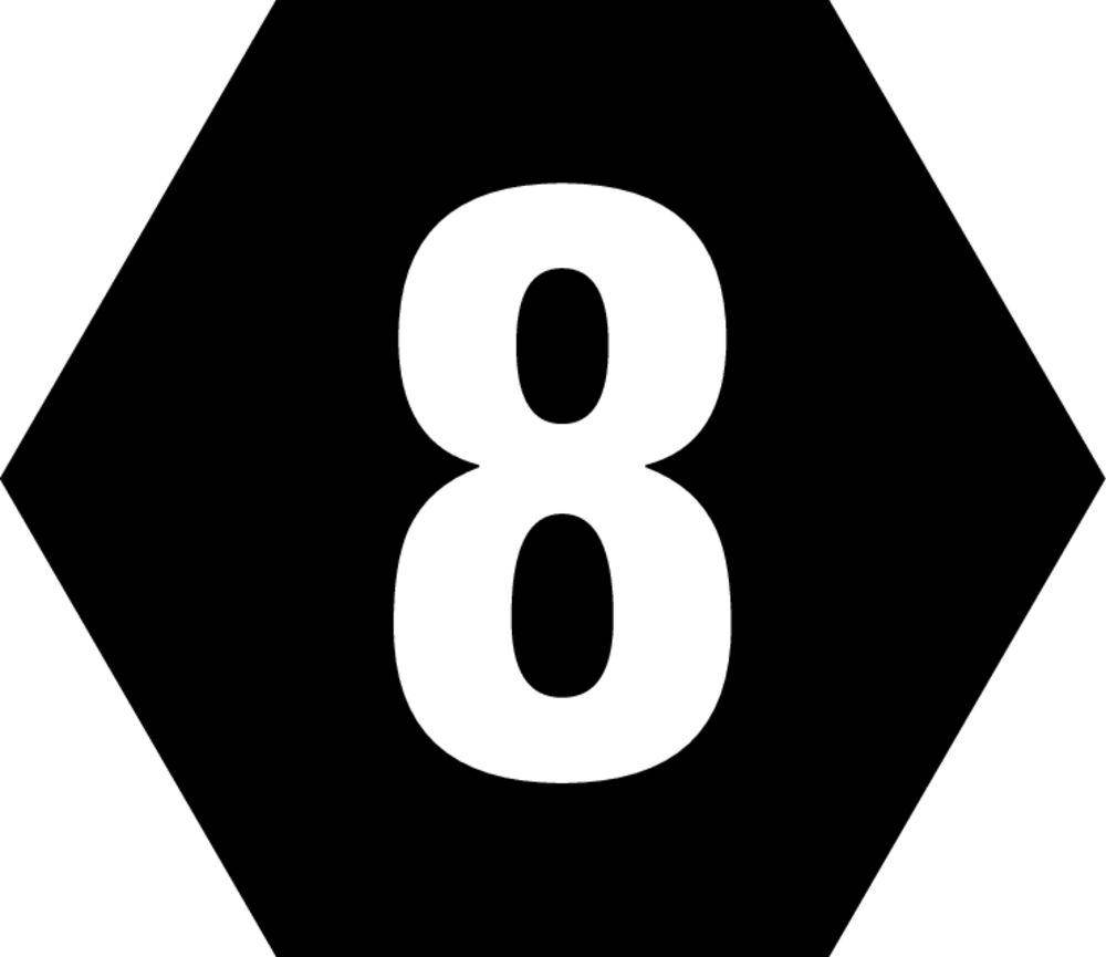 Ein schwarzes rautenförmiges Schild mit einer großen weißen Nummer „8