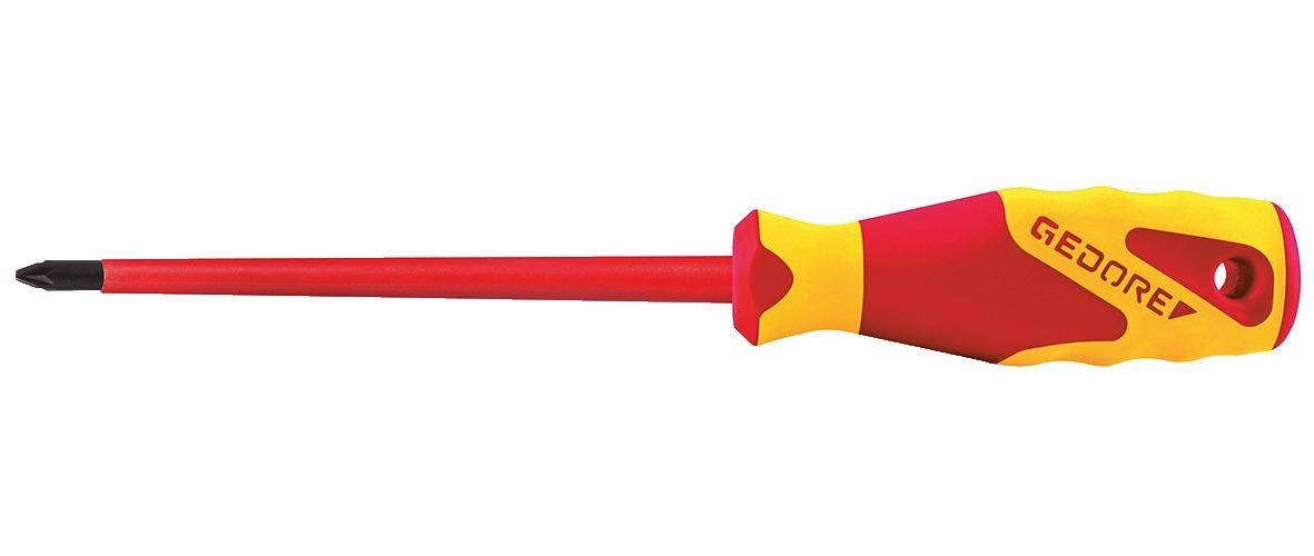 Ein rot und gelb isolierter Schraubendreher mit Schlitzspitze, konstruiert für Elektroarbeiten.