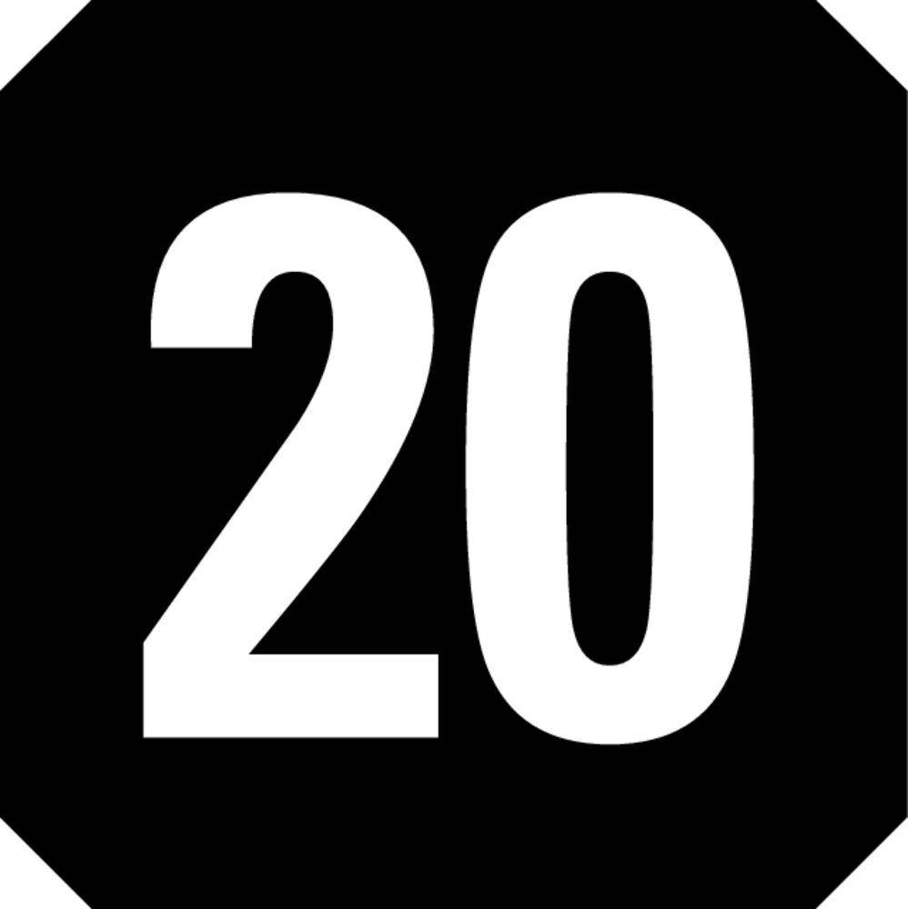 "20" in fetter weißer Text auf schwarzem achteckigen Hintergrund, ähnlich einem Straßenschild.